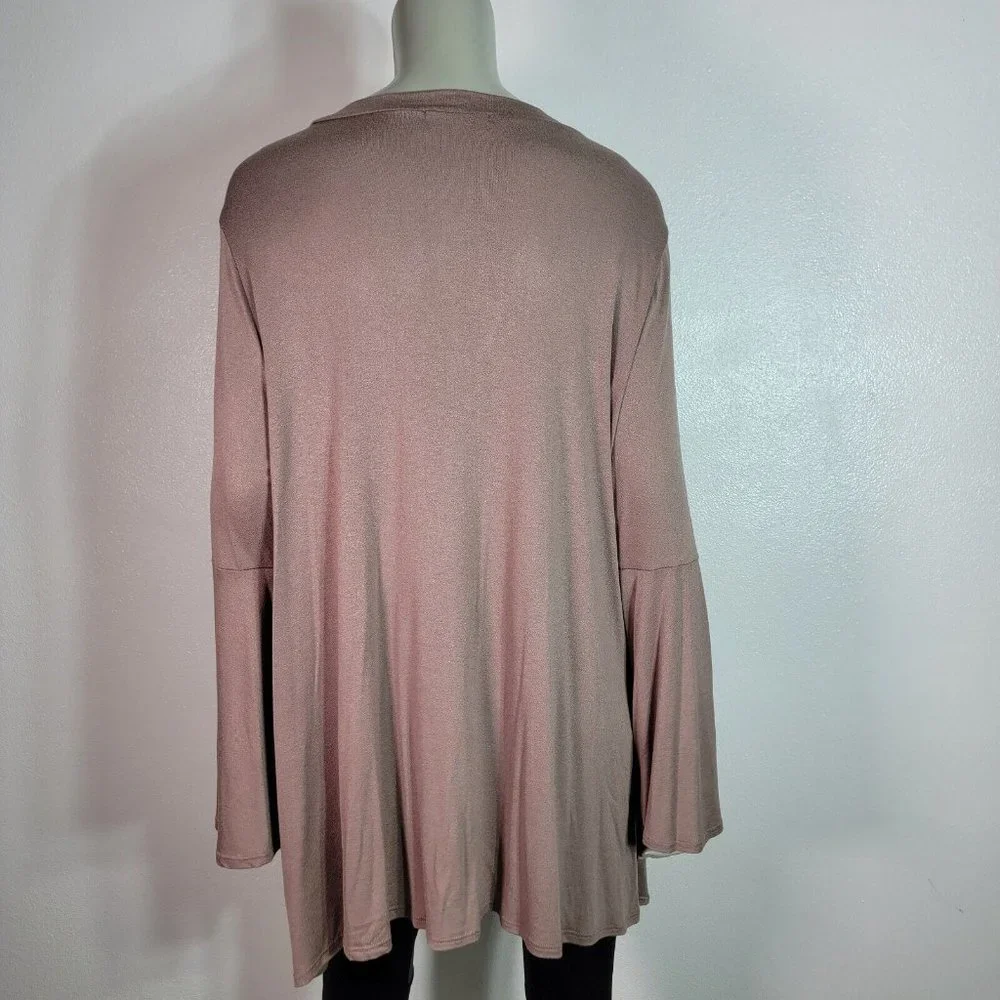 Rae Mode‎ Top Plus Size 3X Caged V-Neck Bell Sleeve A-Line Stretch Casual Brown